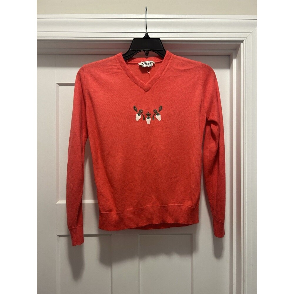 Vintage V Neck Pullover Embroidered Strawberry Sweater Cottagecore Women Medium
